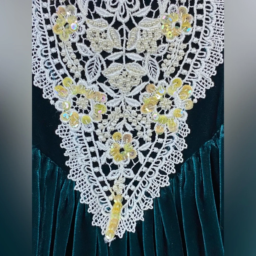 Jessica McClintok Vintage Velvet Lace‎ and Beaded Dress 4 Green 80’s Petticoat - Picture 7 of 12